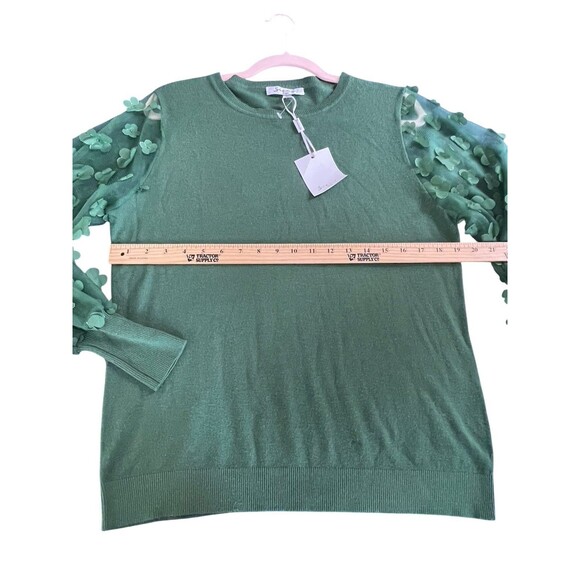 Sioni Milano Women's Green Crew Sweater Sheer Sleeves Flower Embellished Size L - Picture 9 of 14